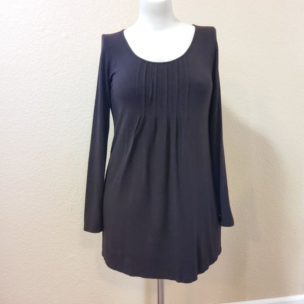 Eileen Fisher Long Sleeve Viscose Tunic Knit Pleated Top Size L Brown